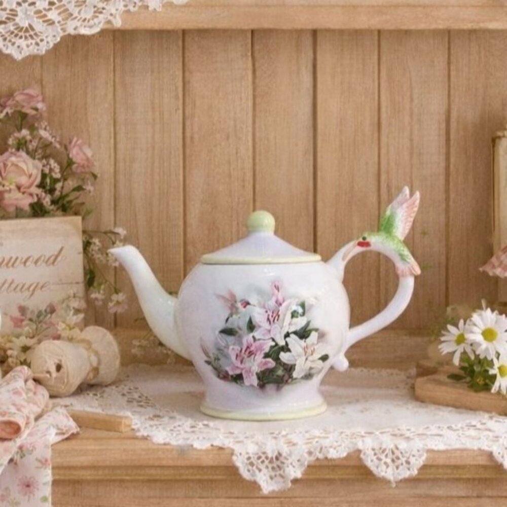 Lena Liu Decorative Teapot Hummingbird Lilies Ceramic By Teleflora Tea Art Gift